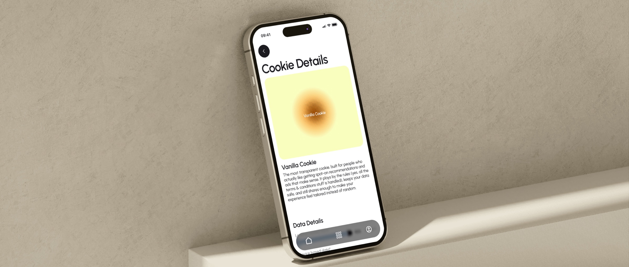 Phone leaning against a wall showing the Cookify Cookie Details screen for the Vanilla Cookie
