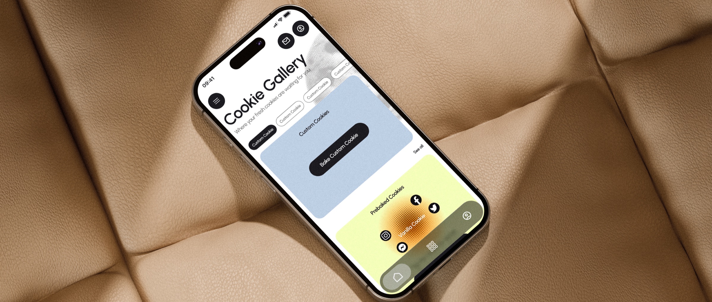 Phone on a tan leather surface showing the Cookify Cookie Gallery screen
