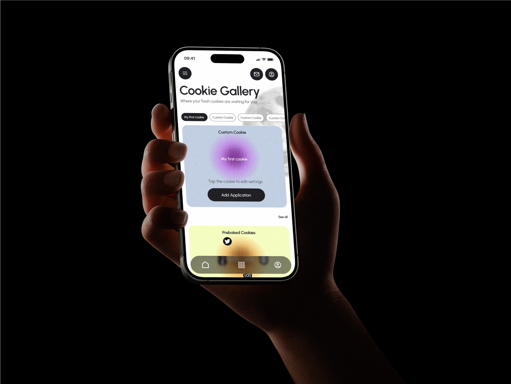 Hand holding a phone with the Cookify app against a black background