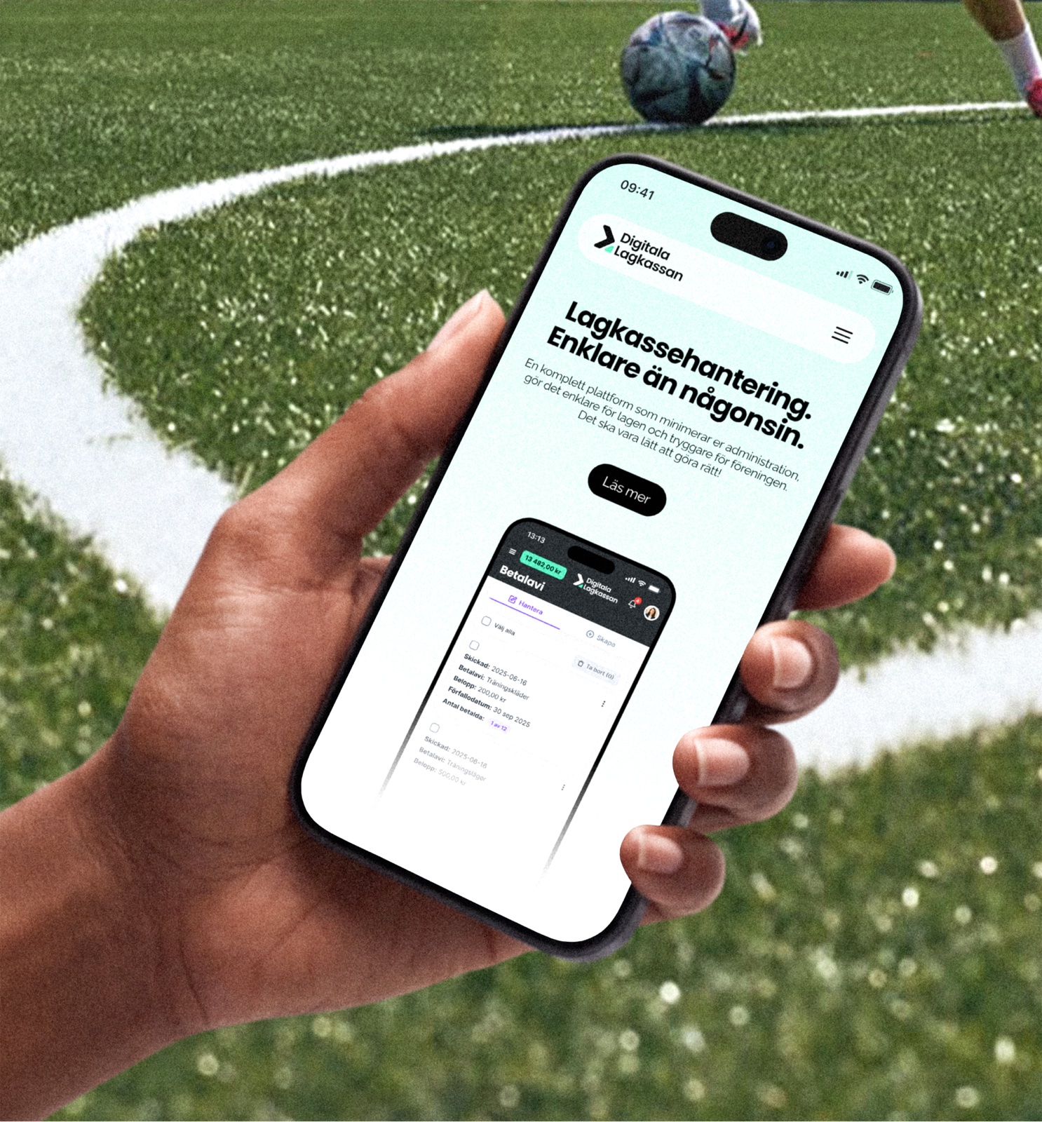 Digitala Lagkassan, website shown on a phone held over a football pitch