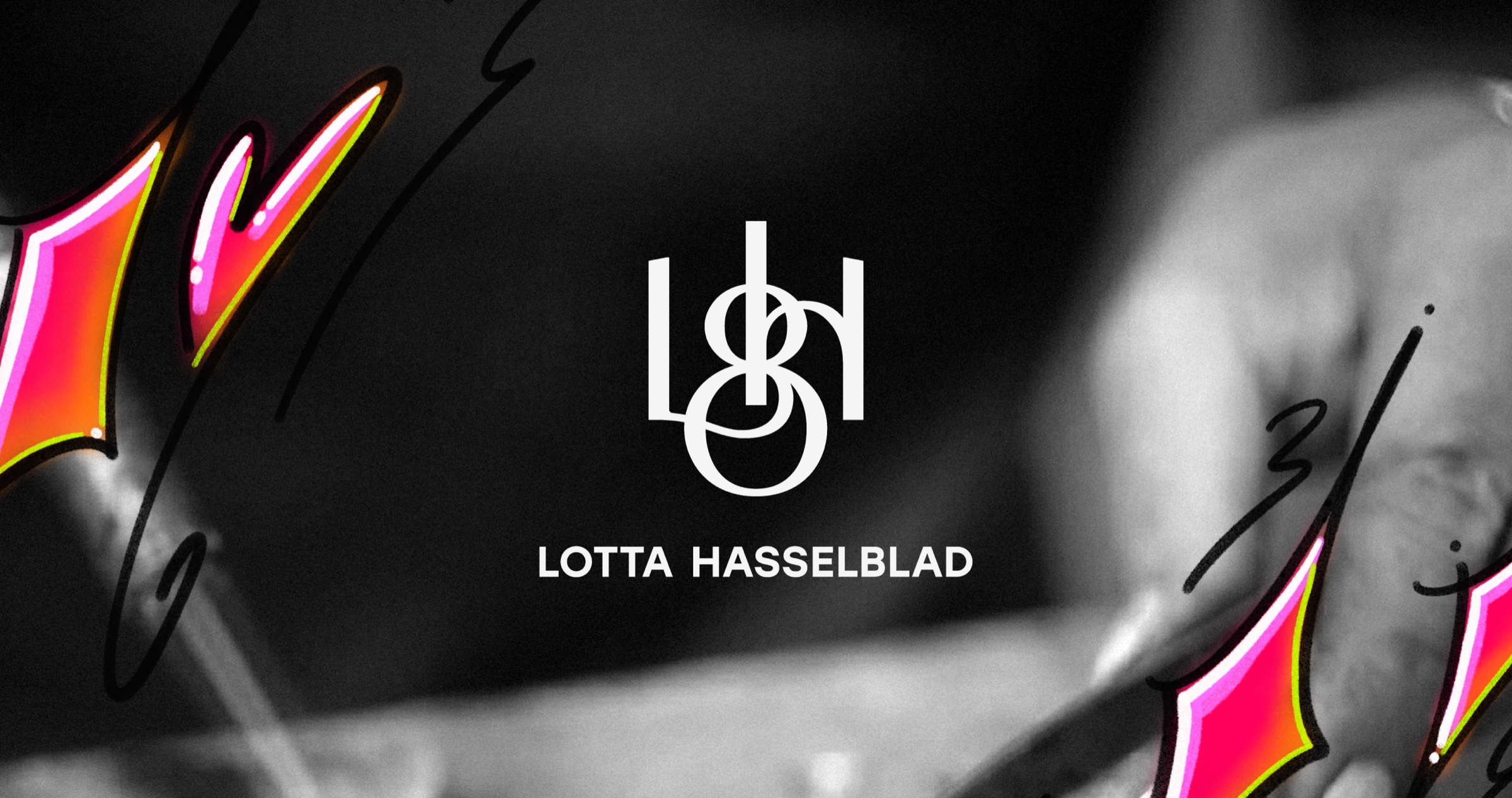 Lotta Hasselblad monogram and wordmark over a black and white photo with hand-drawn pink graphics