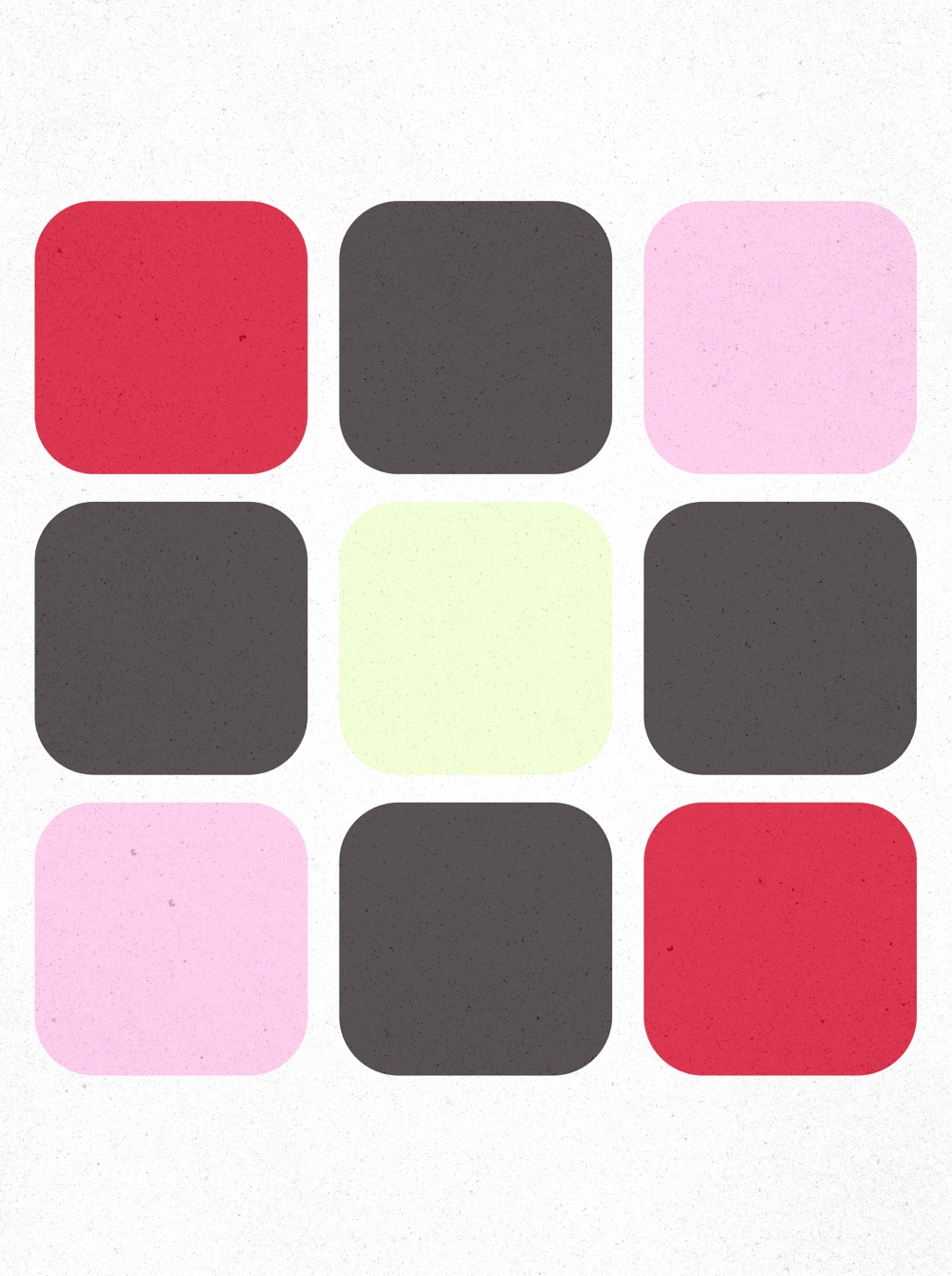 Color palette: red, dark gray, pink and pale green squares