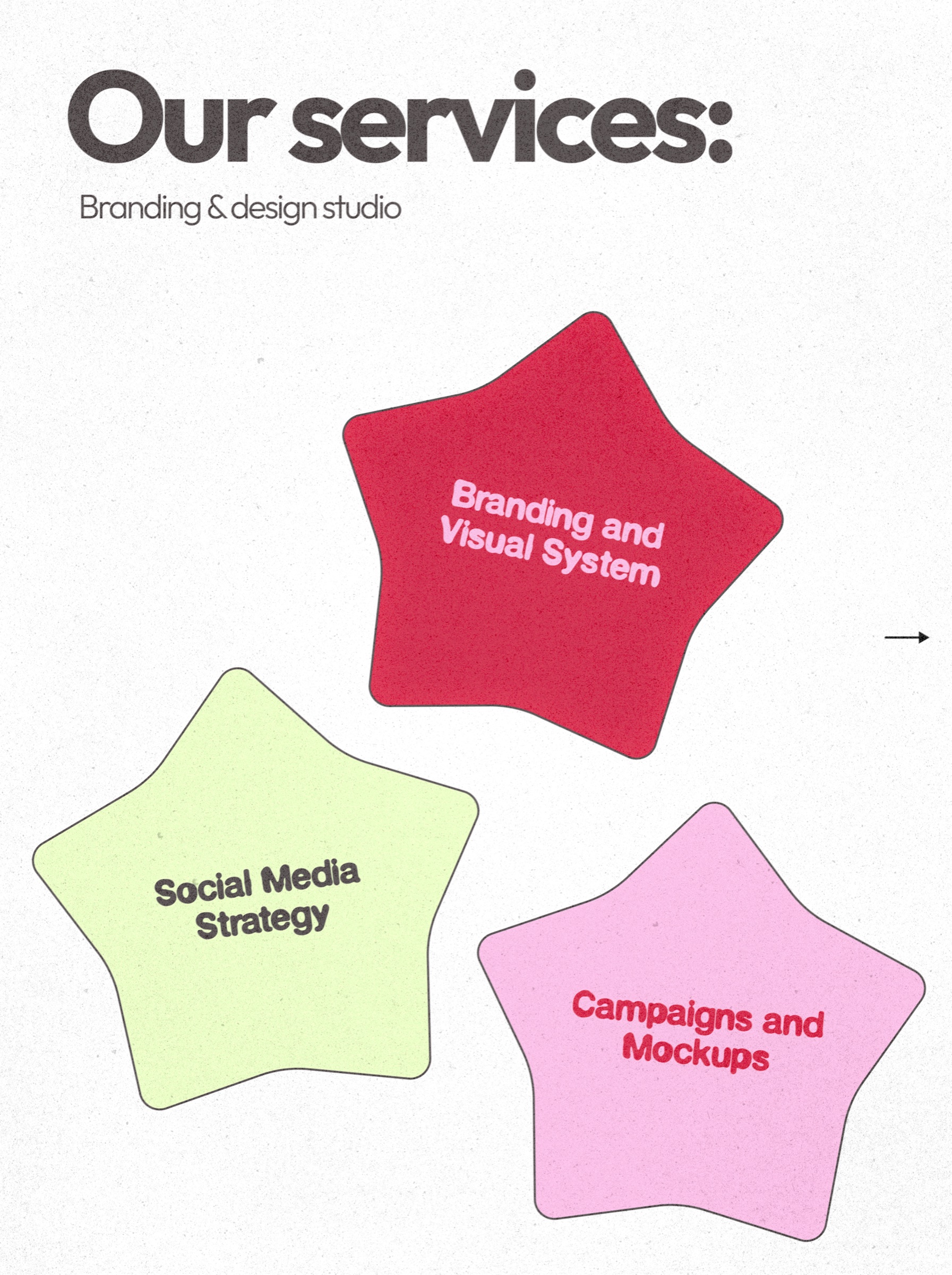“Our services” page with star shapes: Branding and Visual System, Social Media Strategy, Campaigns and Mockups